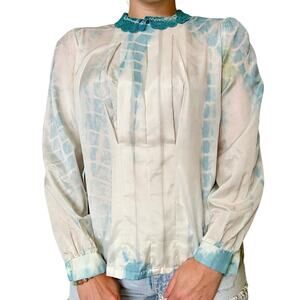 Reworked Vintage Pastel Blue Blouse - Hand Dyed Lace Collar Pleated Back Button
